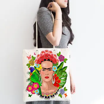 Frida Kahlo Obojstranná Tlač Digitálna Tlač Umývateľný Surové Handričkou Nákupní Taška Vintage Užitočné Kabelka Dizajn S Dvojitým Zipsom Moderné Textílie