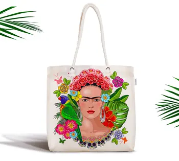Frida Kahlo Obojstranná Tlač Digitálna Tlač Umývateľný Surové Handričkou Nákupní Taška Vintage Užitočné Kabelka Dizajn S Dvojitým Zipsom Moderné Textílie