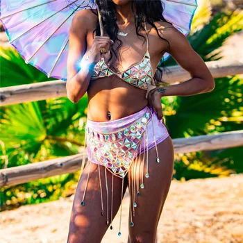 Festival Kráľovná Crystal Gem Flitrami Bikini Set 2019 Sexy Ručné Patchwork Strapec Reťazca Strany Oblečenie Bikini 2 Dielna Sada
