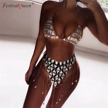 Festival Kráľovná Crystal Gem Flitrami Bikini Set 2019 Sexy Ručné Patchwork Strapec Reťazca Strany Oblečenie Bikini 2 Dielna Sada