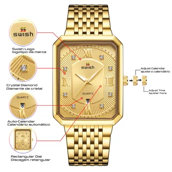 SVIŠŤANIE Zlatý Obdĺžnik Hodinky Mužov z Nehrdzavejúcej Ocele Svetelný Business Náramkové hodinky Módne Športové Vojenské Quartz Hodiny 2020 Reloj