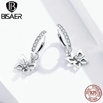 Motýľ Náušnice BISAER 925 Sterling Silver Prekrásny Motýľ Visieť Náušnice Ženy Číry Kubický Zirkón Šperky ECE833