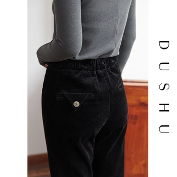 DUSHU Plus veľkosť menčester čierne nohavice capri Ženy bežné streetwear chudá ceruzkou nohavice Jeseň zima elegantné vysoký pás nohavice