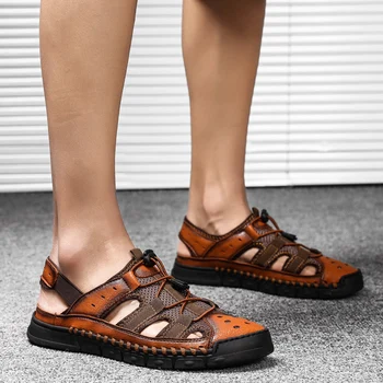 Nové Letné Business Ležérne pánske Sandále Mužov, Kožené Spájať Topánky Vonkajšie Mužskej Ruky Šitie Zabalené Prst Pláži Sandál Mužov