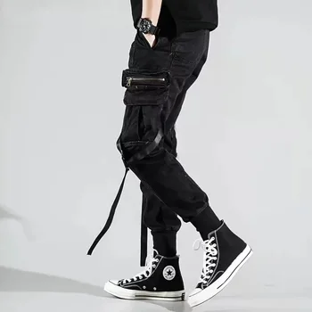Pánske Bočné Vrecká Hárem Nohavice Jeseň Hip Hop Bežné Stuhy Dizajn Muž Joggers Nohavice Módne Streetwear Nohavice Čierne