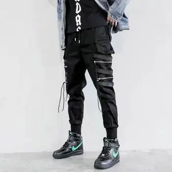 Pánske Bočné Vrecká Hárem Nohavice Jeseň Hip Hop Bežné Stuhy Dizajn Muž Joggers Nohavice Módne Streetwear Nohavice Čierne