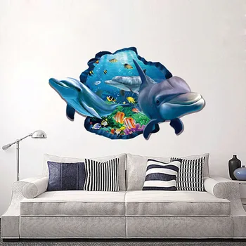 Podvodná Ryby Dolphin 3d Živé Okno Samolepky na Stenu DIY Stenu Kúpeľne, Obývacej Izby, Spálne, Domáce Dekorácie Plagát