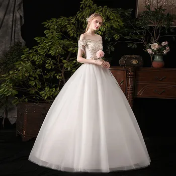 Svadobné Šaty 2021 Elegantná Loď Krku Čipky Plesové Šaty Ramena Princezná Šampanské Čipky Svadobné Šaty C31