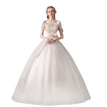 Svadobné Šaty 2021 Elegantná Loď Krku Čipky Plesové Šaty Ramena Princezná Šampanské Čipky Svadobné Šaty C31