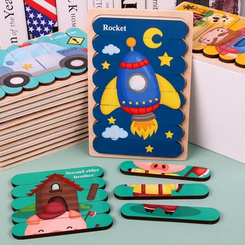 Deti Drevené 3D Puzzle Obojstranné Hračky Mozgu Montessori Hračka pre Deti, Vzdelávacie Puzzle Pásy Rozprávať Príbeh Stohovanie