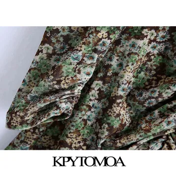 KPYTOMOA Ženy 2020 Elegantný Módy Kvetinový Tlač Velvet Skladaný Mini Šaty Vintage Dlhý Rukáv Späť na Zips Ženské Šaty Vestidos