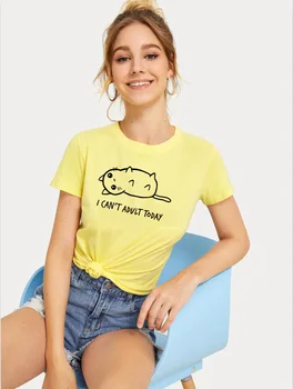 Nemôžem Dospelých Dnes Krásna Mačka List Print T Shirt Ženy O Krk Krátkym Rukávom Letné T-Shirt Módne Topy Tumblr Grafické Košele