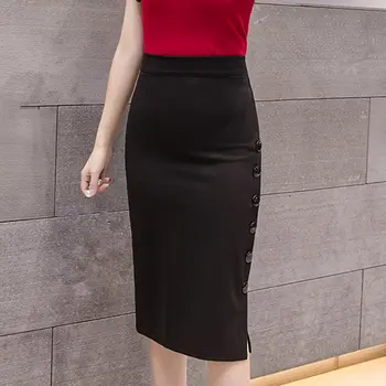Plus Veľkosť 2020 Módne Ženy Pracujú Midi Sukne OL Sexy Otvoriť Štrbinou Tlačidlo Slim Ceruzku Sukne, Elegantné Office Dámy Sukne Červená Čierna