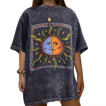 Ženy Bežné Fashion T-shirt List Sun Moon Tlač Voľné O-krku Polovicu Rukáve Elastická Natiahnuté Nové Letné Domov