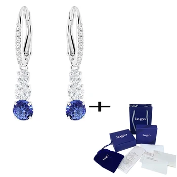SWA Nové Lesklé Atraktívne Okrúhle Modré Crystal Prebodol Náušnice Jednoduché Dámy Ozdoby Výročie Svadobný Dar Jedinečný Retro
