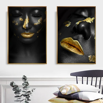 Africké Čierne Zlatá Žena Pery Portrét Abstraktné Maliarske Plátno Plagáty Vytlačí Wall Art Obrázky Cuadros pre Obývacia Izba Dekor