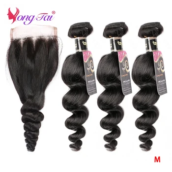 YuYongtai Brazílsky Voľné Vlny 4x4 Čipky Uzavretie S Zväzky Ľudské Vlasy, 3 Zväzky S Uzáverom Non-Remy Stredné Pomer