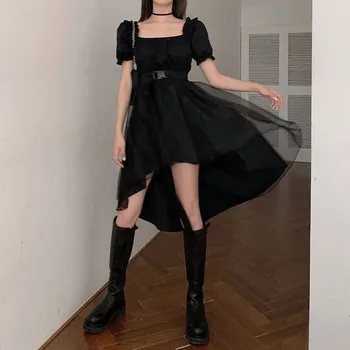 QWEEK Goth Gotická Víla Šaty Žien Lete francúzsky Lístkového Rukáv, Čierna Oka Šaty Elegantné Dámy Party Šaty pre Ženy 2021