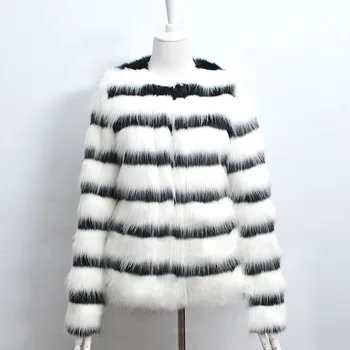 2020 Módne Čierne Biele Pruhované Umelú Kožušinu Kabát na Jeseň Zima Dlho Puzdre Bunda dámske O-Krku Teplé Kabáty Plus Veľkosť Dámy Kabát
