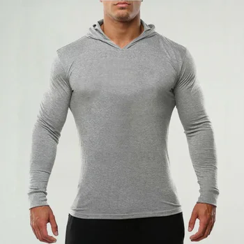 Mens Kulturistike Dlhý Rukáv tričko s Kapucňou Muž Športové Bavlna Slim Fit Telocvični T-Shirt Muž Cvičenie Jogger Fitness Oblečenie
