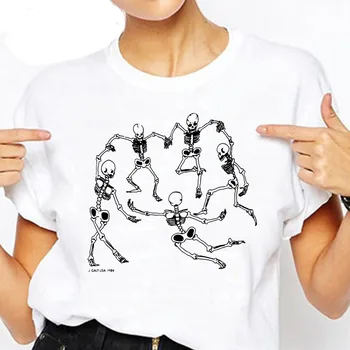 Harajuku Punk T-Shirts Ženy Kostra Tanec Vytlačený Krátky Rukáv Tumblr Oblečenie Nové Módne Gotický Grunge Biely Top Tees