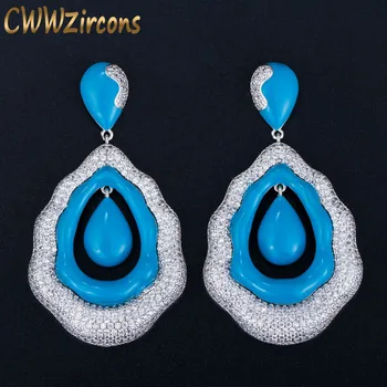 CWWZircons Elegantné Modré Smalt Cubic Zirconia Spevnené Luxusné Dlhé Veľké Visiace Drop Ženy Party Šaty Náušnice Šperky CZ566