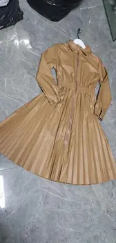 2020 Predaj Nové Šaty Žien na Ukrajine dámske Šaty Módne Pás Šitie Vlnitý A-line Dlhý Rukáv Zimné Plus Velvet Pu Full