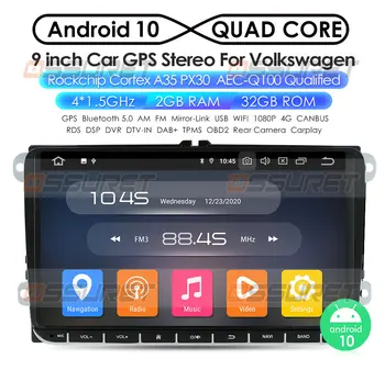 Ossuret 9 palcový Android 10 Dvojité 2Din autorádia GPS Auto 2 Din rádio USB Pre Volkswagen/Passat/GOLF/Skoda/Seat Wifi, bluetooth, SD