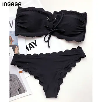 INGAGA Sexy Bikiny Bandeau Plavky Krajky-up Plavky Ženy Vrúbkovaným Biquini plavky Rebrovaný Bikini Set 2021 Plaviek