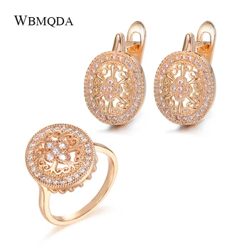 Wbmqda Luxusný Prsteň Náušnice Ženy 585 Rose Gold Color Duté Crystal Kubický Zirkón Kvet Krúžok Svadobné Šperky Sady