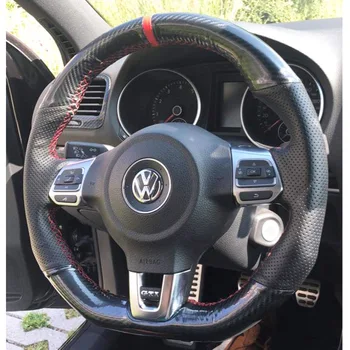 5D Uhlíkových Vlákien&Otvor Kožený Volant Ručné Šitie Zábal Kryt vhodný Na Volkswagen Golf 6 GLAXAY MK6 / Polo je GLAXAY / Scirocco R