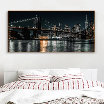 Veľké Plagáty a Vytlačí New York Brooklyn Bridge Plátno Obrázky pre Obývacia Izba Plátno na Maľovanie Mesto Noc, Panoráma