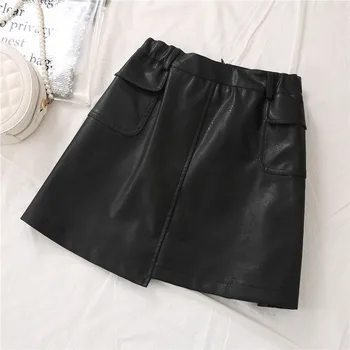 Nové dámske kórejský štýl jeseň zima plus veľkosť mini sukne pre ženy, veľké štíhlu líniu PU zelená čierna vrecka sukne 3XL 4XL 5XL