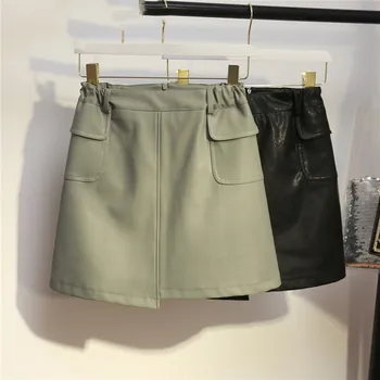 Nové dámske kórejský štýl jeseň zima plus veľkosť mini sukne pre ženy, veľké štíhlu líniu PU zelená čierna vrecka sukne 3XL 4XL 5XL
