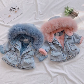 ULKNN 2020 Zimné Baby Girl Denim Jacket Plus Velvet Real Kožušiny Teplé Batoľa Dievča vrchné oblečenie Kabát 1-4 Rokov Deti Detská Dievča Vetrovka