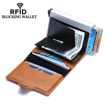 Weduoduo Módne držiteľa Karty Dvojité Kovové Box Kreditnej Karty Držiteľ RFID Blokovanie Hliníkové Kožené vizitku prípade Mini Peňaženka