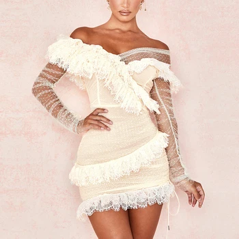 2020 Nové Letné Vypnutie Ramenný Mini Šaty, Sexy Dlhý Rukáv Čipky Ženy Fashion Club Celebrity Dráhy Strany Obväz Šaty Vesitidos