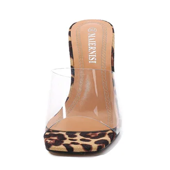 Veľké Topánky 42 Leopard Tlač Sandále Otvorené Prst Vysoké Podpätky Ženy Priehľadného Plexiskla Papuče, Topánky Na Podpätku Jasné, Sandále
