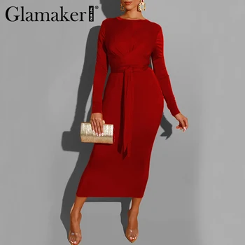 Glamaker Velvet vintage červená bodycon šaty Žien strany noc jeseň čierny dlhý rukáv šaty Elegantné šnurovacie dámske šaty retro