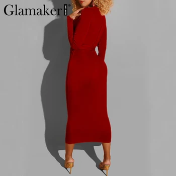 Glamaker Velvet vintage červená bodycon šaty Žien strany noc jeseň čierny dlhý rukáv šaty Elegantné šnurovacie dámske šaty retro