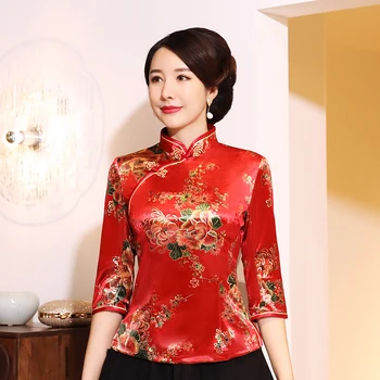 Ženy Červené Kvetované Košele Klasická Blúzka Velvet Tradičnom Čínskom Tang Oblečenie Orientálna Topy Retro Mandarin Golier Velúrové Kabát