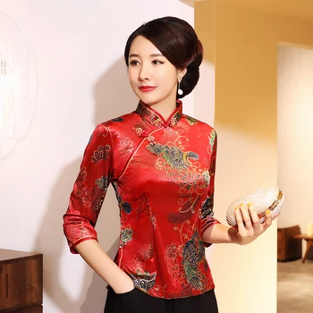 Ženy Červené Kvetované Košele Klasická Blúzka Velvet Tradičnom Čínskom Tang Oblečenie Orientálna Topy Retro Mandarin Golier Velúrové Kabát
