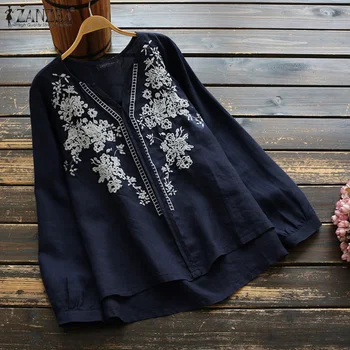 ZANZEA Vintage Kvetinový Blúzka 2021 Ženy, Dlhý Rukáv, V-neck Tričká Jeseň Bežné Bavlnené Obliečky Topy Plus Veľkosť 5XL Mujer Camisetas