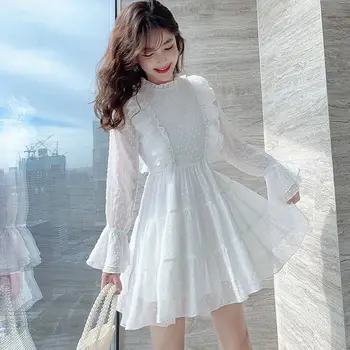 Elegantné Víla Šaty Žien Dlhý Rukáv Čipky Šifón Šaty Návrhára Bežné francúzsky kórejský Mini Šaty dámske Oblečenie na Jeseň 2020