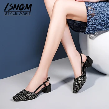 ISNOM Leopard Vlásie Sandále Ženy Malé Vôňa Leta Slingback Sandále Ženy Med Robustný Podpätky Office Obuv Black 2020