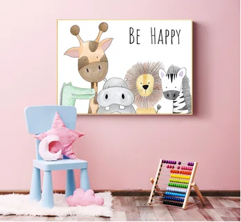 Byť Šťastný, Detská Izba Vytlačí Maľovanie Na Plátno Zvieratá Hipo Žirafa Opice Lev Plagát, Obraz Domova pre Deti Detská Izba