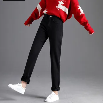 Teplé Jeans Nohavice Pre Ženy, Plus velvet hrubé džínsy 2020 jesenné a zimné nové voľné vysoký pás rovno širokú nohu hárem nohavice