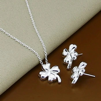 Veľkoobchodná Cena 925 Silver Šperky Sady Rastlín Four-leaf Clover Prívesok, Náušnice, Náhrdelník Nastaviť Módne Šperky