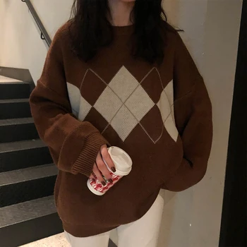 3 farby 2018 jeseň a v zime kórejský štýl o krk voľné Argyle teplé pletené svetre dámske pulóvre womens (X998)