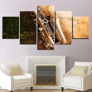Plátno Obrazy Pre Obývacia Izba Domova Rámec HD Vytlačí Plagáty 5 Kusov Saxofón Hudobné Nástroje Obrázkov Wall Art